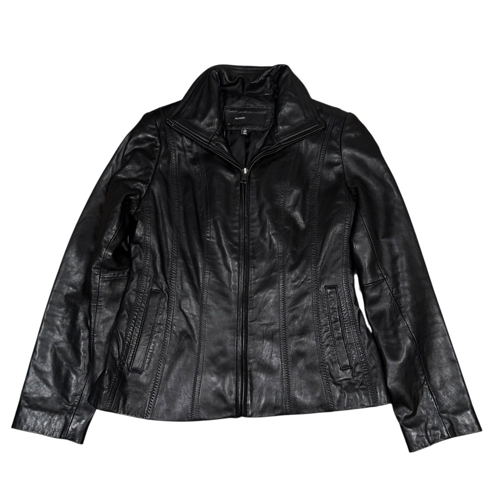 Avanti Women's Soft Leather‎ Collared Long Sleeves Full Zip Jacket Black Size M